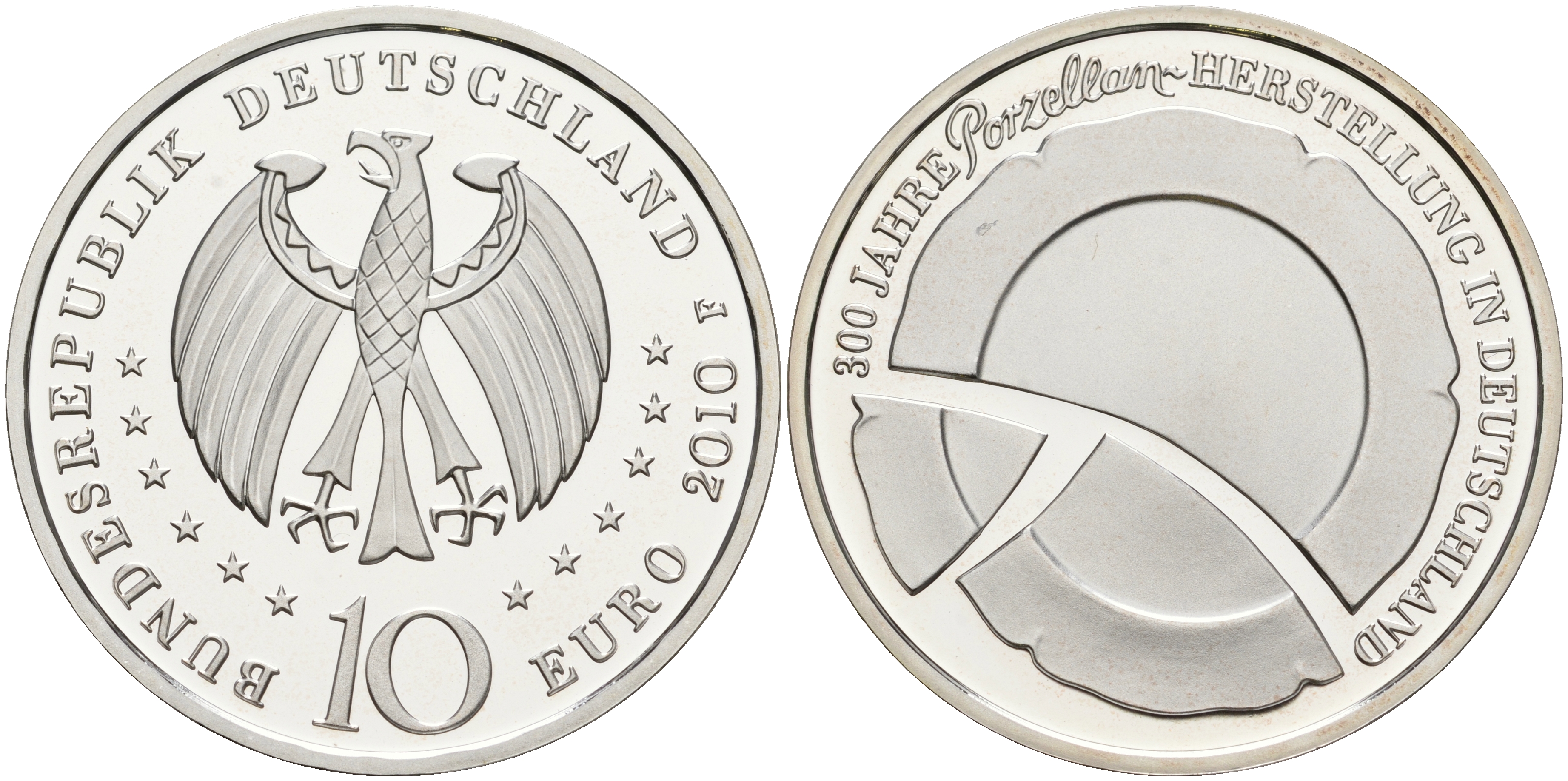 ФРГ 10 евро 2010 G, 300 лет производства фарфора в Германии KM 287, DE.S. 10.47 серебро PROOF 1076-4-34