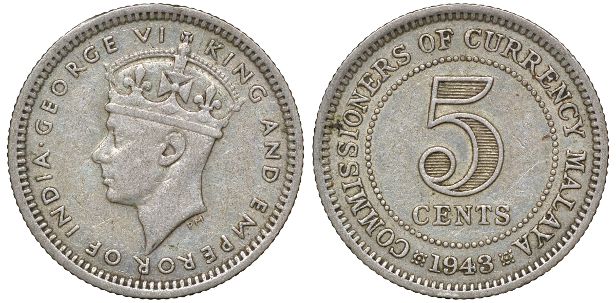 Британская Малайя 5 центов 1943 Георг VI (1937-1952) KM 3a серебро 53-139