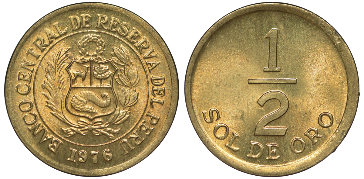 Перу 1/2 соля 1976 KM 265 латунь aUNC 4189-945