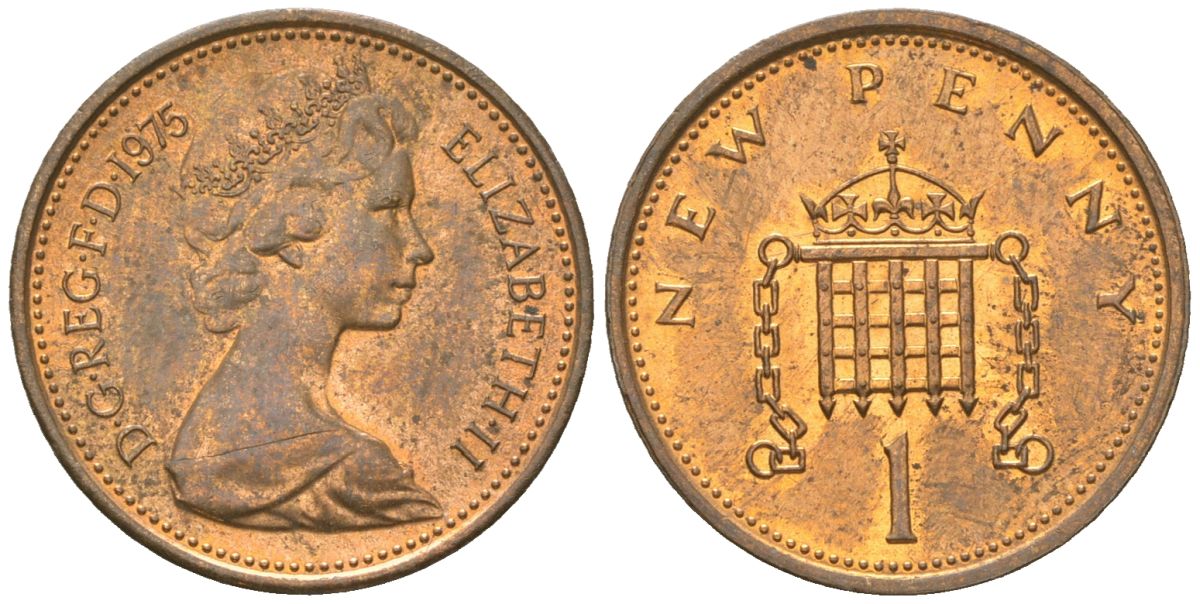 Великобритания 1 новый пенни 1975 Елизавета II (1952-2022) KM 915, Spink 4237 (B1) бронза UNC 4151-329