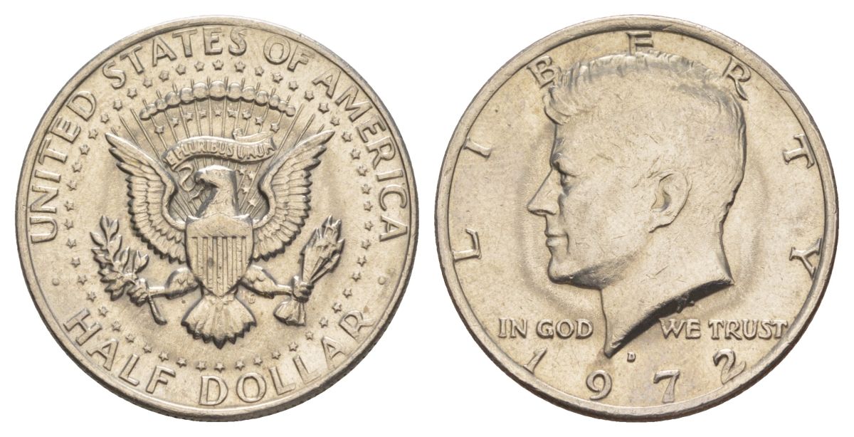 США 1/2 доллара (50 центов) 1972 D, Джон Кеннеди KM 202b медь плакированная медно-никелем aUNC 189-816