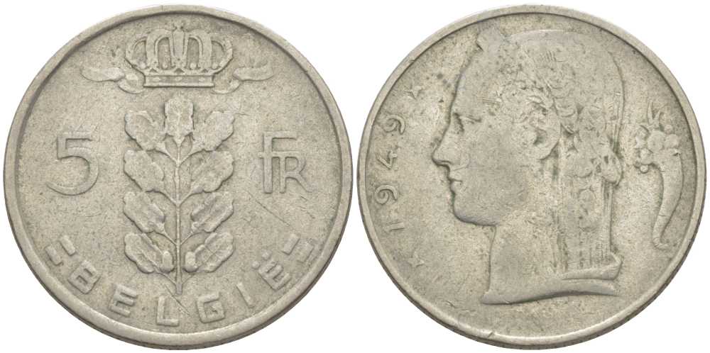 БЕЛЬГИЯ 5 ФРАНКОВ 1949 BELGIE, ЛЕОПОЛЬД III (1934-1950) KM 135.1 медно-никель 119-747