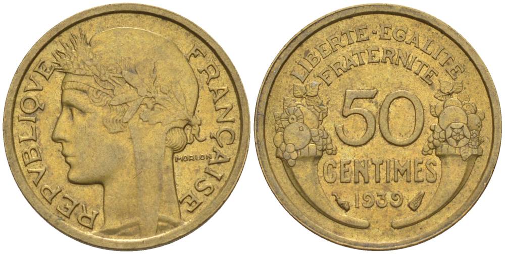 ФРАНЦИЯ 50 САНТИМОВ 1939 ТИП MORLON KM 894.1, LE FRANC 192.15 алюминиевая бронза 44-838