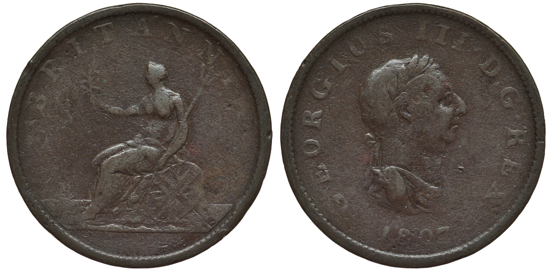 Великобритания 1/2 пенни 1807 Георг III (1760-1820) KM 662, Spink 3781 медь 189-115