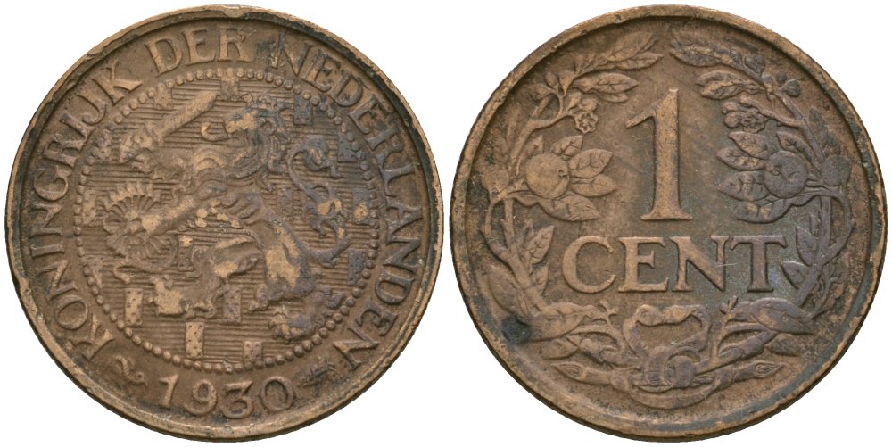 Нидерланды 1 цент 1930 Вильгельмина (1890-1948) KM 152 бронза 4576-1126