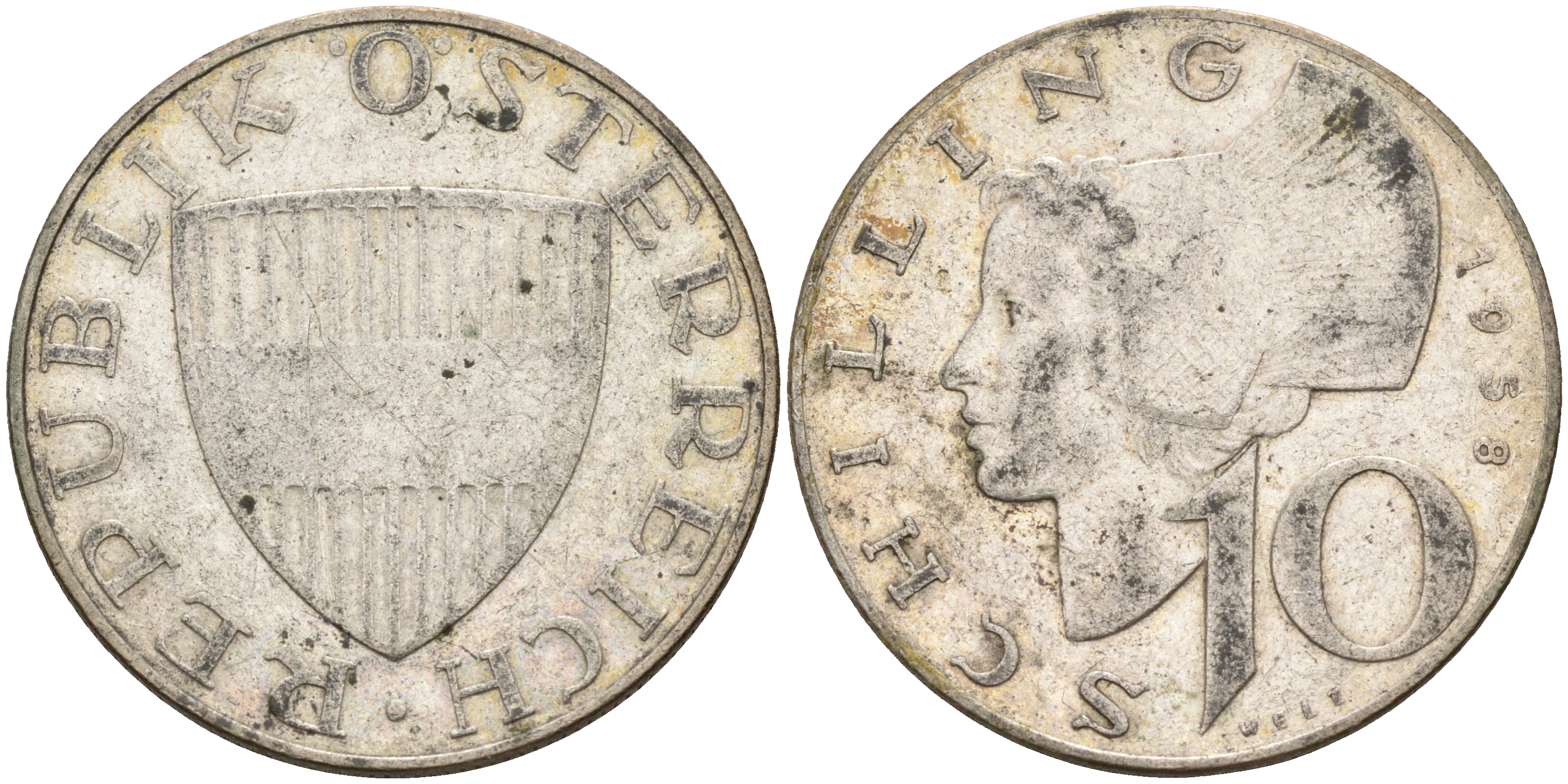 Австрия 10 шиллингов 1958 KM 2882 серебро 63-824