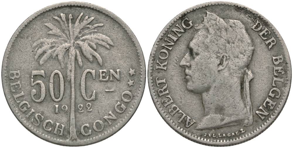 Бельгийское Конго 50 сантимов 1922 пальма KM 22 медно-никель 27-1134