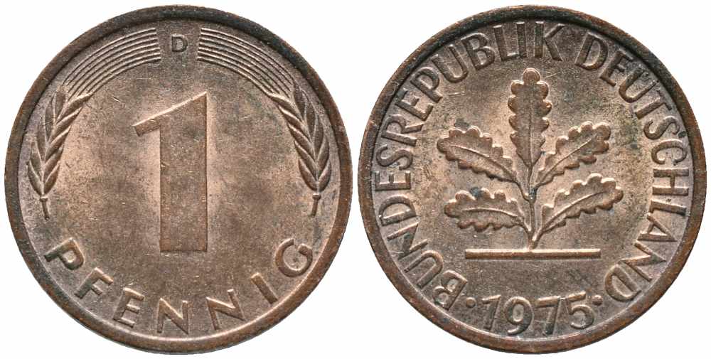 ФРГ 1 ПФЕННИГ 1975 D KM 105, J. 380 сталь плакированная медью 112-138