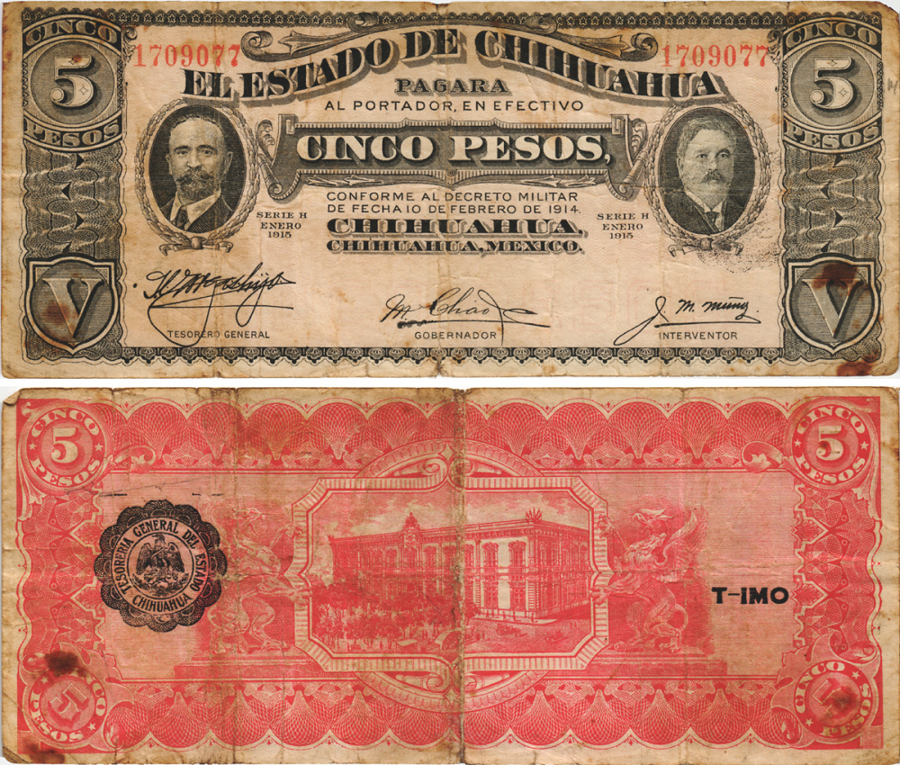 Мексика, Революция 5 песо 1915 штат Чиуауа, черная зубчатая печать Pick S532a бумага 6278-60-2