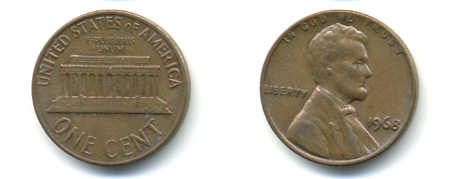США 1 ЦЕНТ 1968 ЛИНКОЛЬН KM 201 медь цинк 89-514