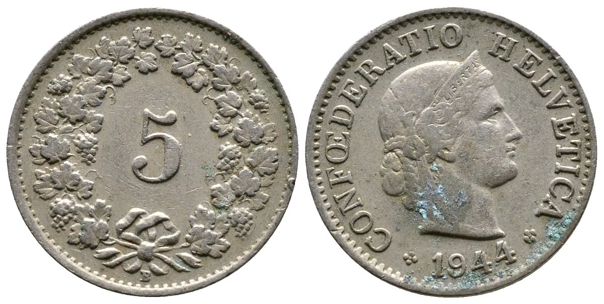 Швейцария 5 раппенов 1944 KM 26 медно-никель 3334-421