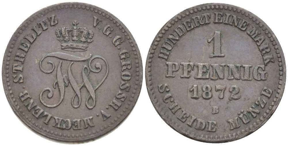 Мекленбург-Стрелиц 1 пфенниг 1872 B, Фридрих Франц II (1842-1883) Jaeger 121, AKS 76, KM 101 (С46) медь 206-315