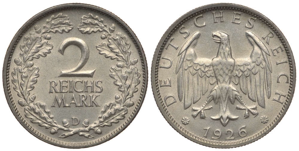 ГЕРМАНИЯ 2 РЕЙХСМАРКИ 1926 D J. 320, KM 45 серебро aUNC 603-242