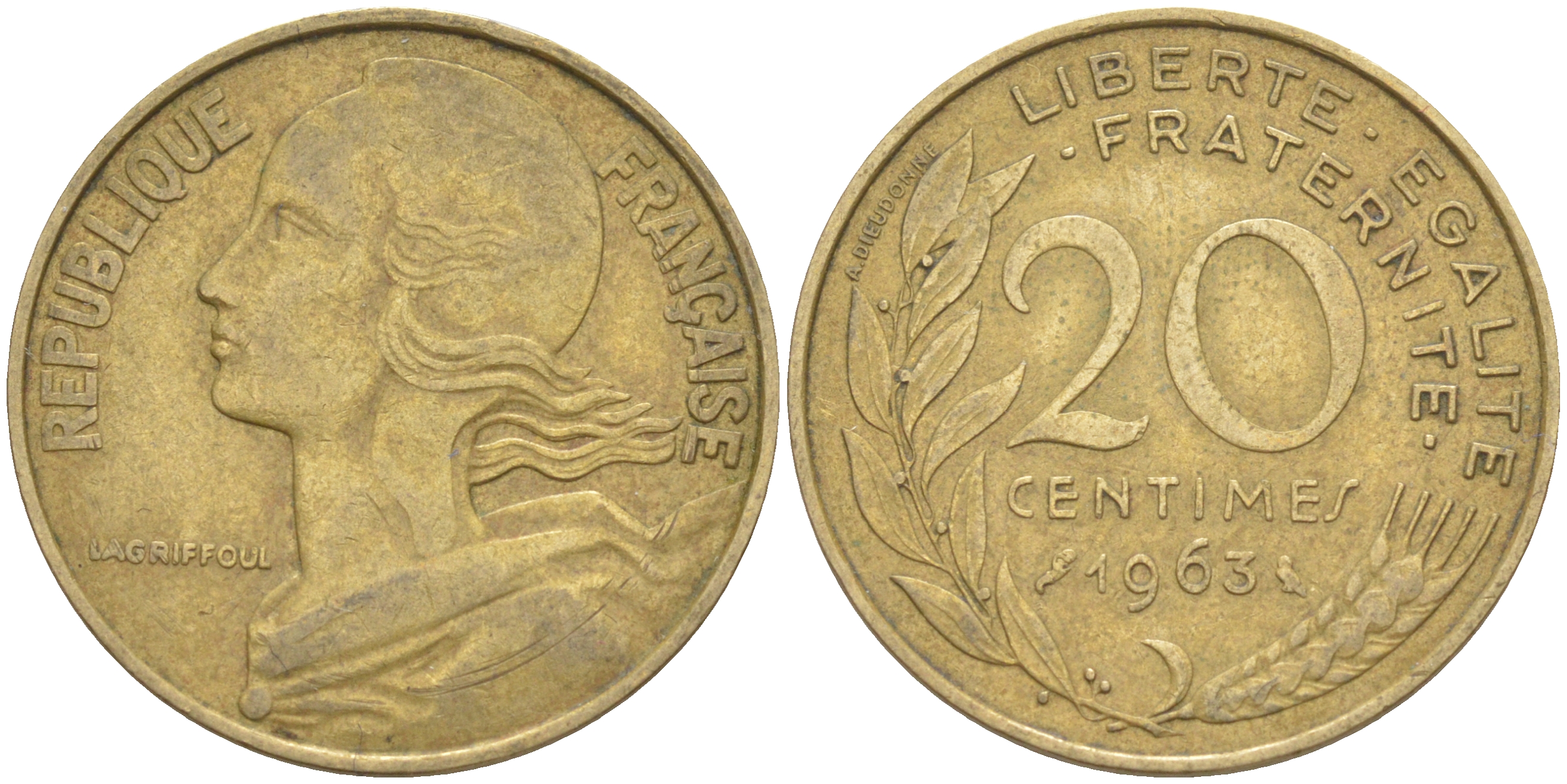 ФРАНЦИЯ 20 САНТИМОВ 1963 ТИП MARIANNE KM 930, Le Franc 156.3 медь алюминий никель 4514-1216