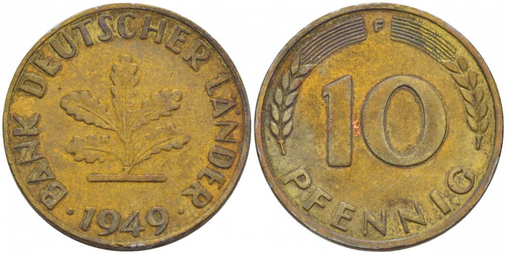 ФРГ 10 ПФЕННИГОВ 1949 F KM 103, J.378 сталь плакированная латунью 113-1042