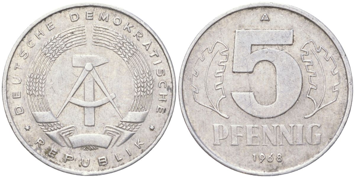 ГДР 5 пфеннигов 1968 A KM 9.1 алюминий 4613-945