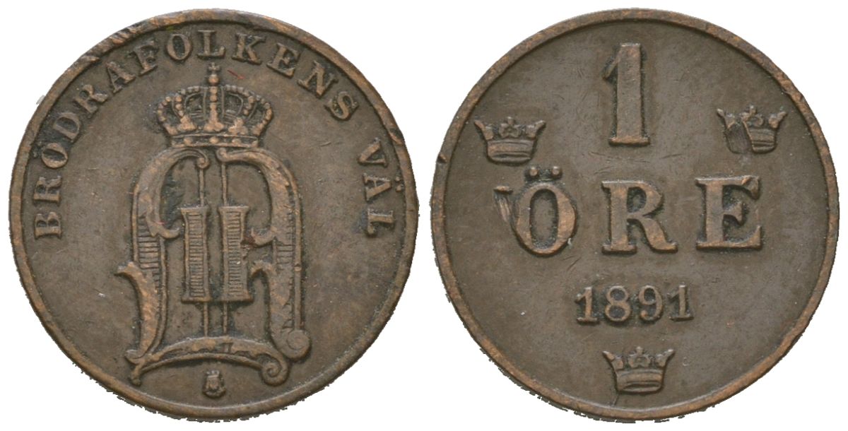Швеция 1 эре 1891 Оскар II (1872-1907) KM 750 бронза 4611-333