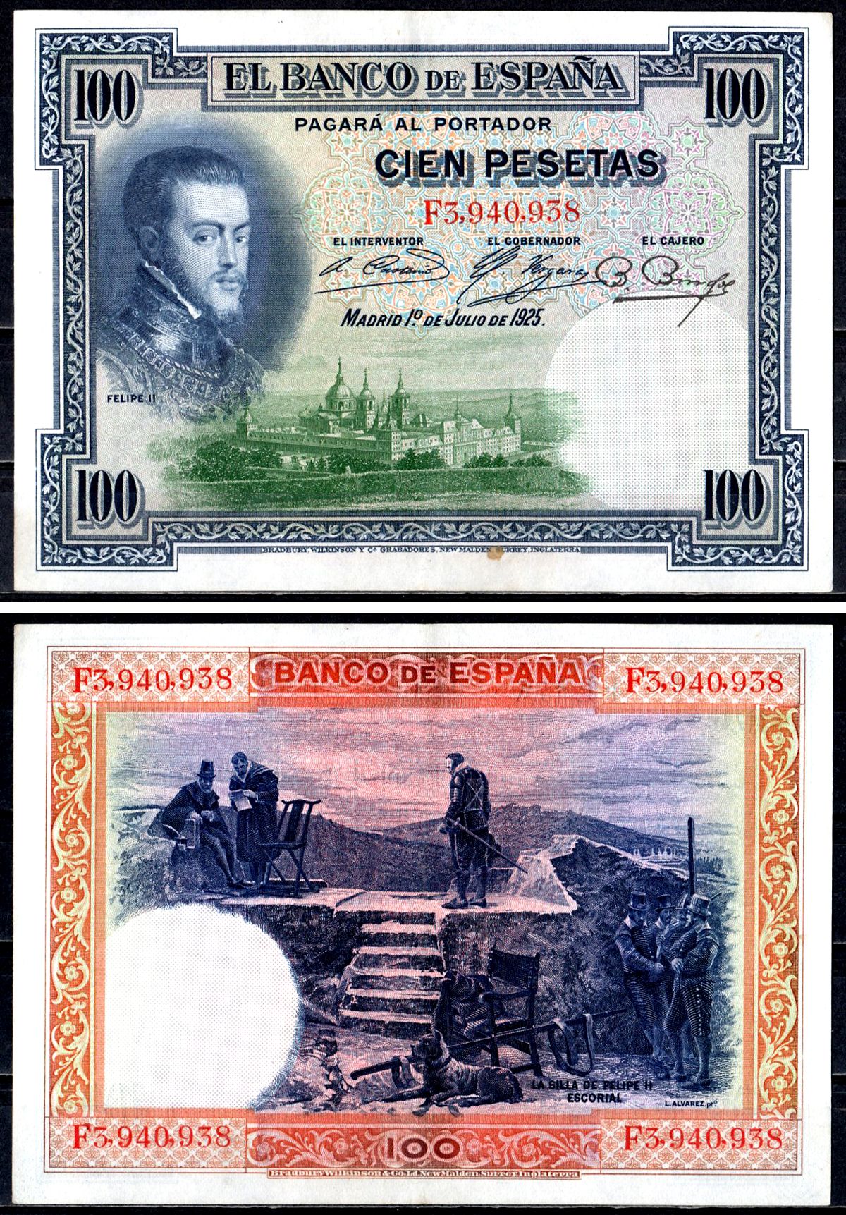 Испания 100 песет 1925 1 июля, Филипп II (1556-1598), стул Филиппа II, Эль Эскориал Pick 69 c (1) бумага 402-26-2-1