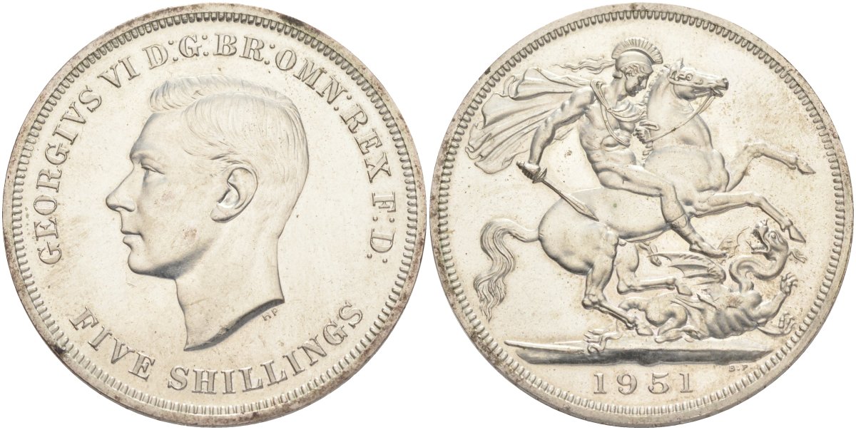 Великобритания 5 шиллингов = 1 крона 1951 Георг VI (1936-1952), фестиваль Британии, Георгий Победоносец, в оригинальной коробке KM 880, Spink 4111 медно-никель Prooflike 5-6-4-14