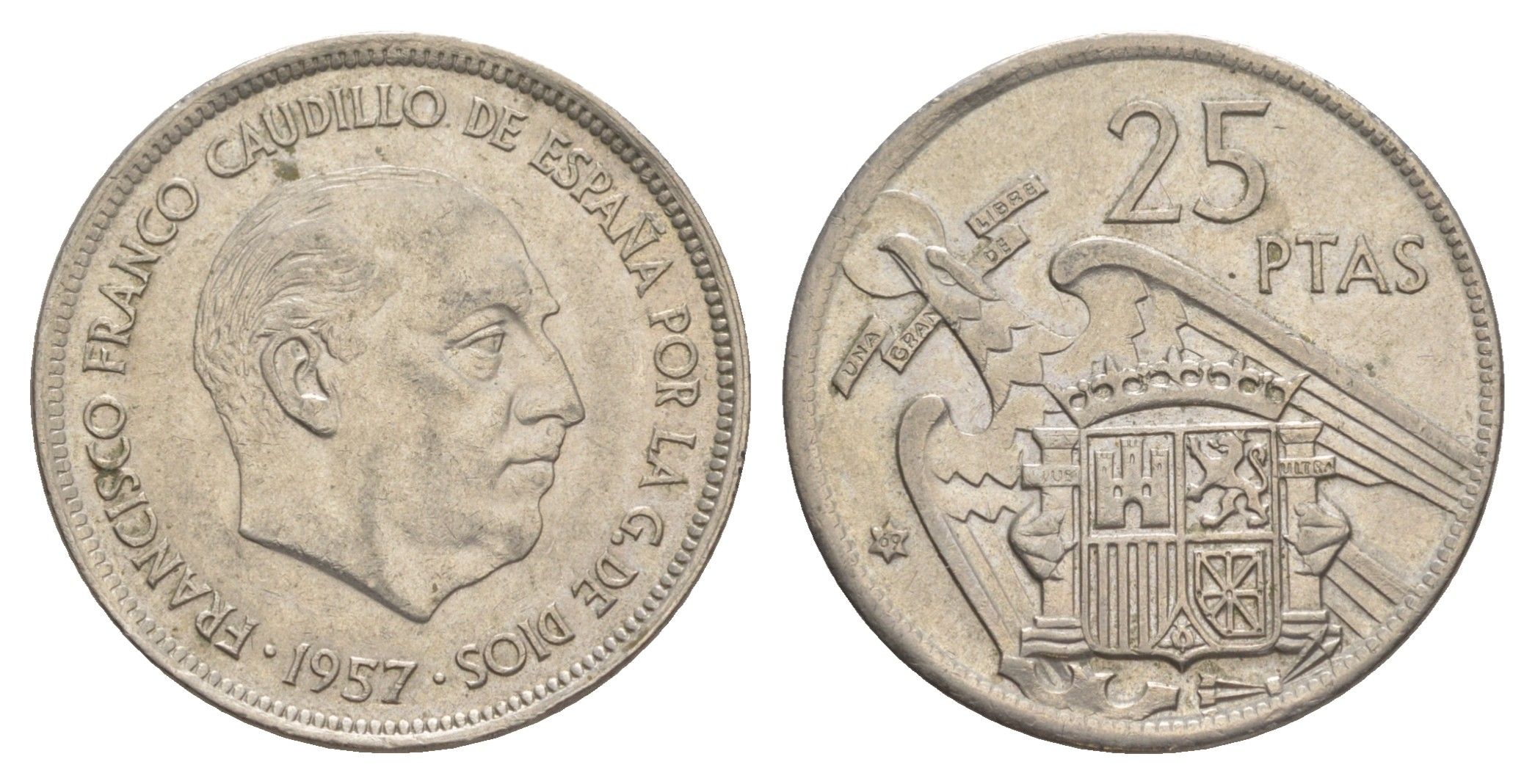 Испания 25 песет 1957 (69) Франсиско Франко (1939-1975) KM 787 медно-никель 4616-313