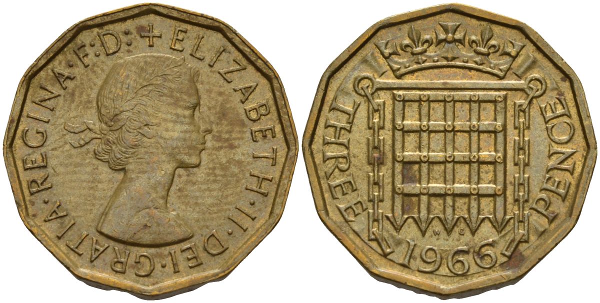 Великобритания 3 пенса 1966 Елизавета II (1952-2022) KM 900, Spink 4153 никель латунь 4153-744