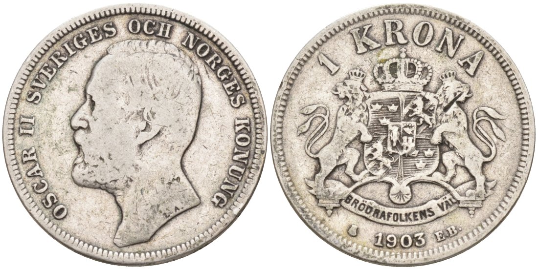 Швеция 1 крона 1903 Оскар II (1872-1907) король Швеции и Норвегии KM 760 серебро 190-845