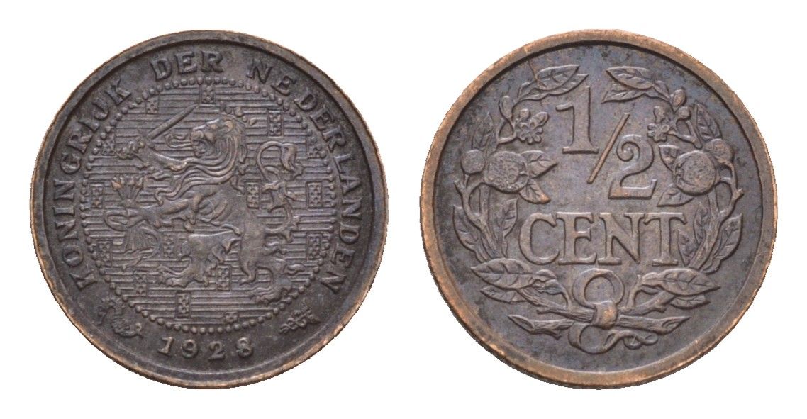Нидерланды 1/2 цента 1928 Вильгельмина (1890-1948) KM 138 бронза 4674-1113