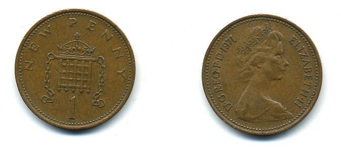Великобритания 1 пенни 1971 Елизавета II (1952-2022) KM 915, Spink 4237 (B1) бронза 4110-736