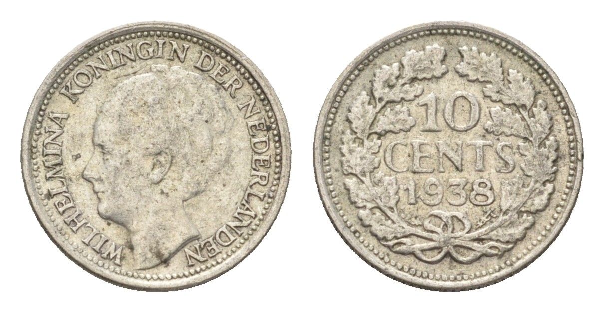 Нидерланды 10 центов 1938 Вильгельмина I (1890-1948) KM 163 серебро 4659-1162