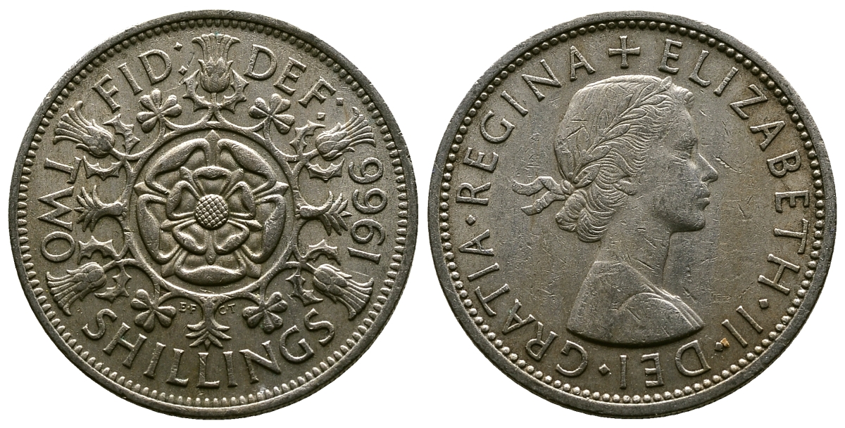 Великобритания 2 шиллинга (флорин) 1966 Елизавета II (1952-2022) KM 906, Spink 4146 медно-никель 4382-623