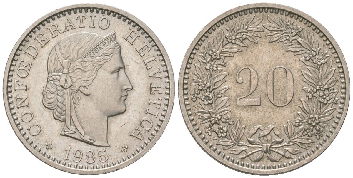 Швейцария 20 раппенов 1985 KM 29a медно-никель aUNC 220-1249