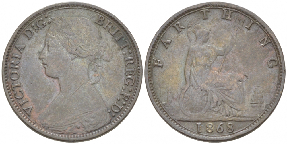 Великобритания 1 фартинг 1868 Виктория (1837-1901) KM 747.2, Spink 3958 бронза 1515-2142