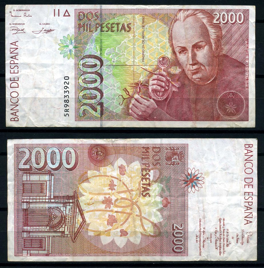 Испания 2000 песет 1992 24 апреля 1992, Хосе Селестино Мутис Pick 164 бумага 8621-3-3-1