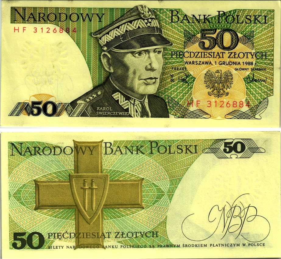 Польша 50 злотых 1988 Кароль Сверчевский, знак Грюнвальдского ордена Pick 142 c бумага аUNC 8607-70-2-1