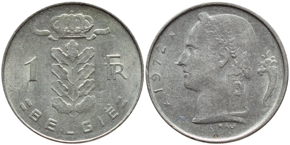БЕЛЬГИЯ 1 ФРАНК 1972 BELGIE KM 143.1 медно-никель 4395-441