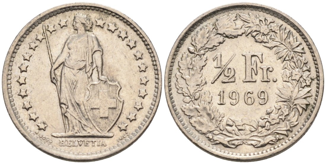 Швейцария 1/2 франка 1969 KM 23а медно-никель 4564-969