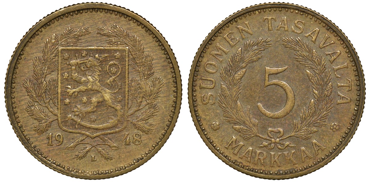 Финляндия 5 марок 1948 L KM 31a латунь 4163-414