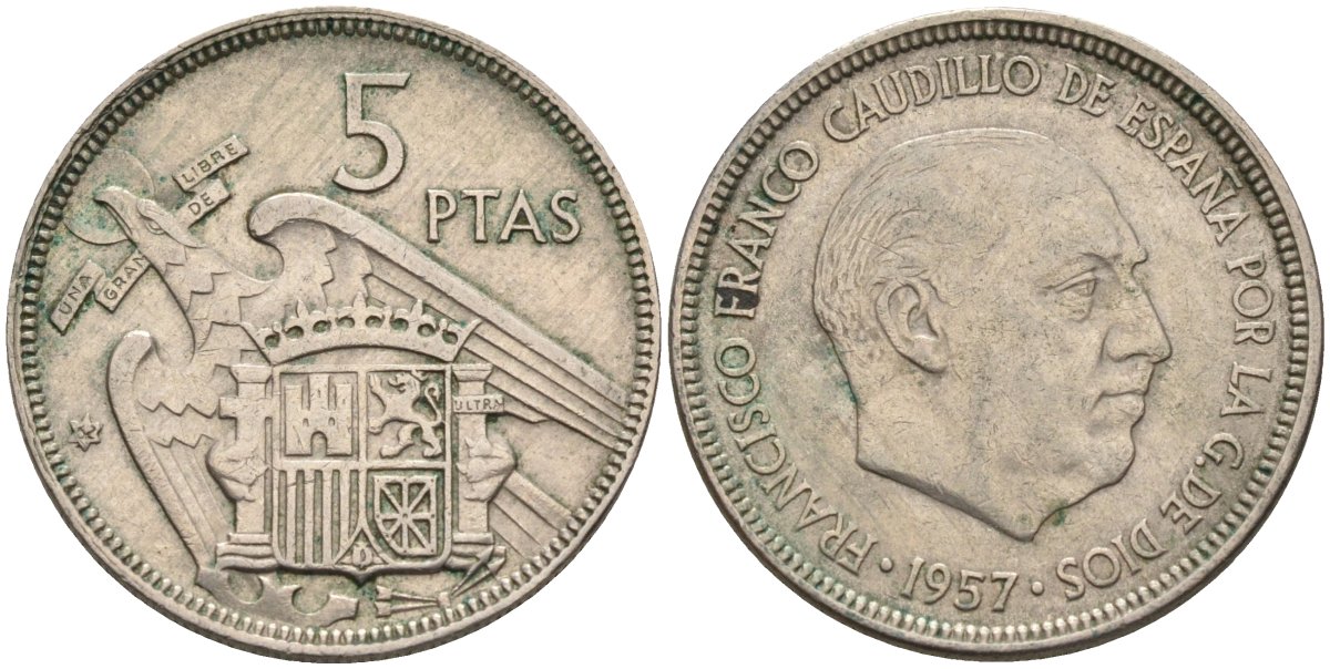 Испания 5 песет 1957 (62) Франсиско Франко (1939-1975) KM 786 медно-никель 4584-451