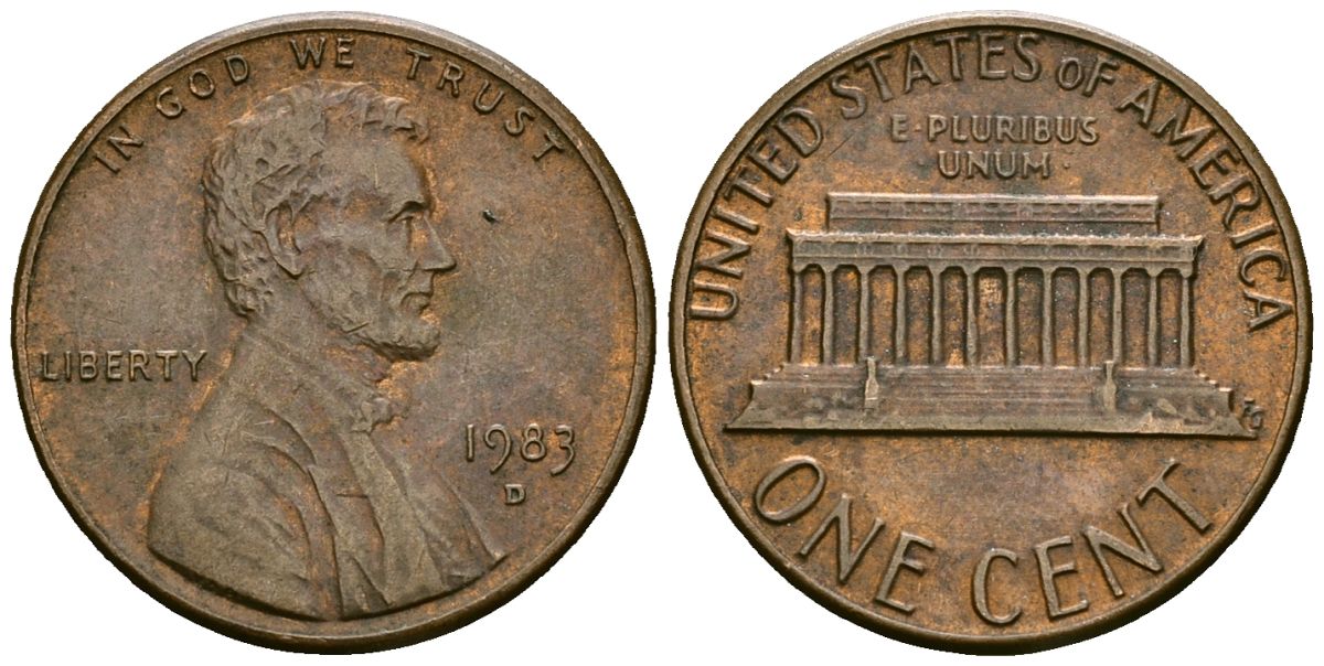 США 1 цент 1983 D, Линкольн KM 201b цинк плакированный медью 4136-229