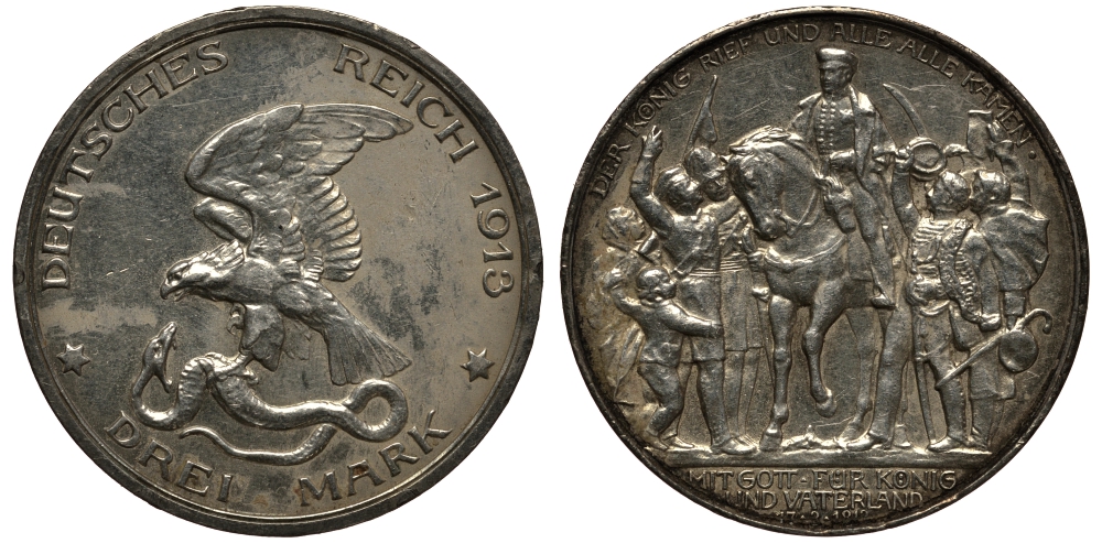 Пруссия 3 марки 1913 Вильгельм II (1888-1918), 100 лет победы над Наполеоном KM 534, J. 110 серебро 3711-1213