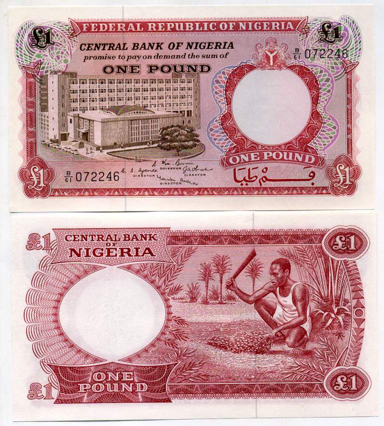 Нигерия 1 фунт 1967 Центральный банк в Лагосе Pick 8 бумага UNC (пресс) 448-98-2