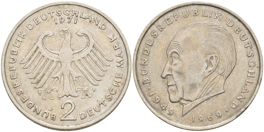 ФРГ 2 МАРКИ 1971 J, КОНРАД АДЕНАУЭР KM 124, J. 406 медно-никель плакированный никелем 3718-1052