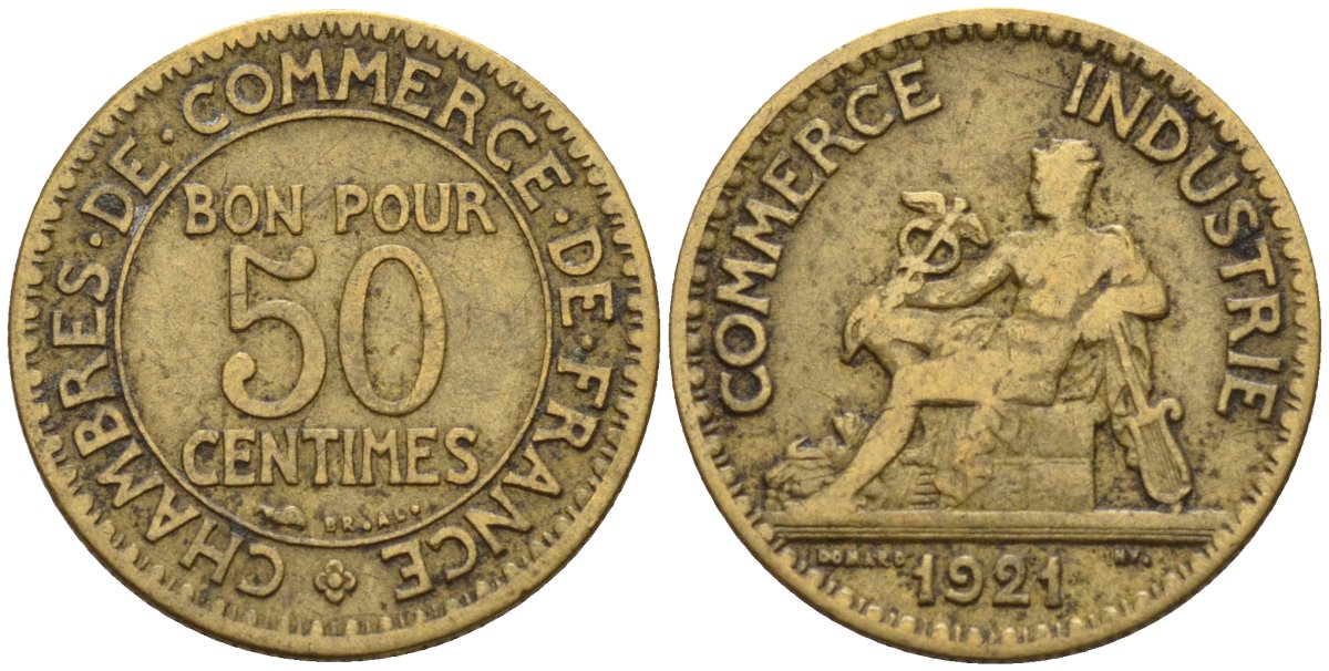 Франция 50 сантимов 1921 KM 884 алюминиевая бронза 4596-521