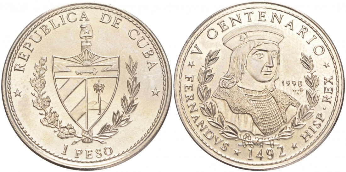 Куба 1 песо 1990 500 лет открытия Америки, король Фердинанд II KM 306 медно-никель UNC 1526-921 M21-01