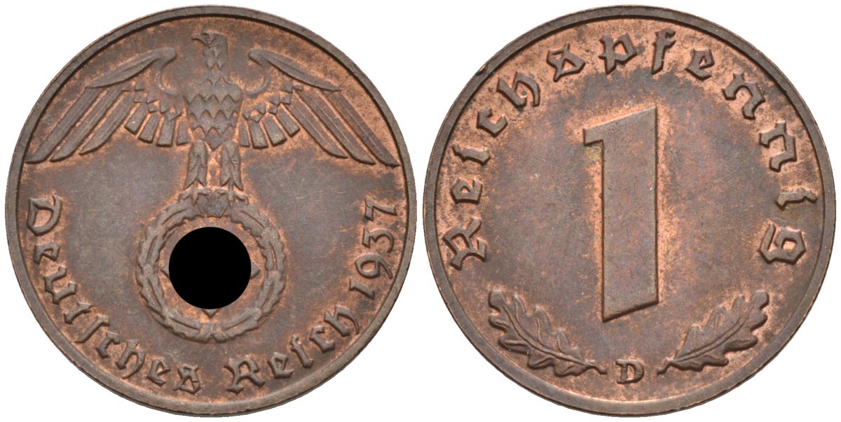 Германия 1 рейхспфенниг 1937 D, KM 89 бронза 96-1168