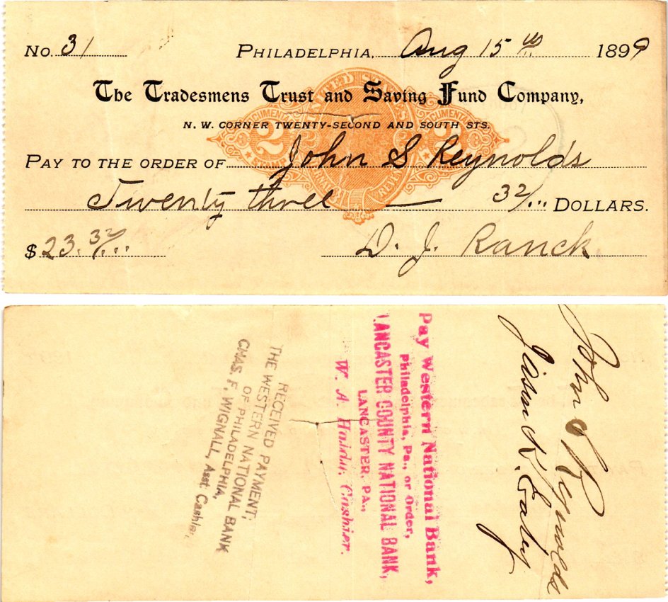 США чек на 23,32 долларов 1899 Филадельфия бумага 3295-38-1-2