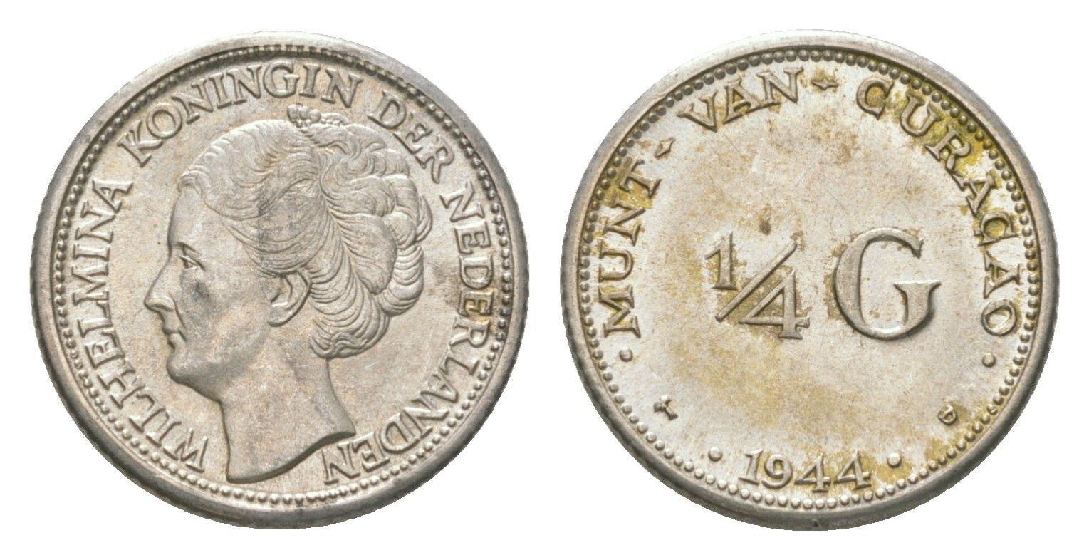 Нидерландское Кюрасао 1/4 гульдена 1944 Вильгельмина (1890-1948) KM 44 серебро UNC 4623-716