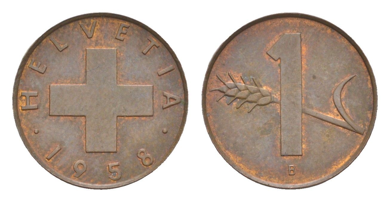 Швейцария 1 раппен 1958 B KM 46 бронза UNC 4532-336