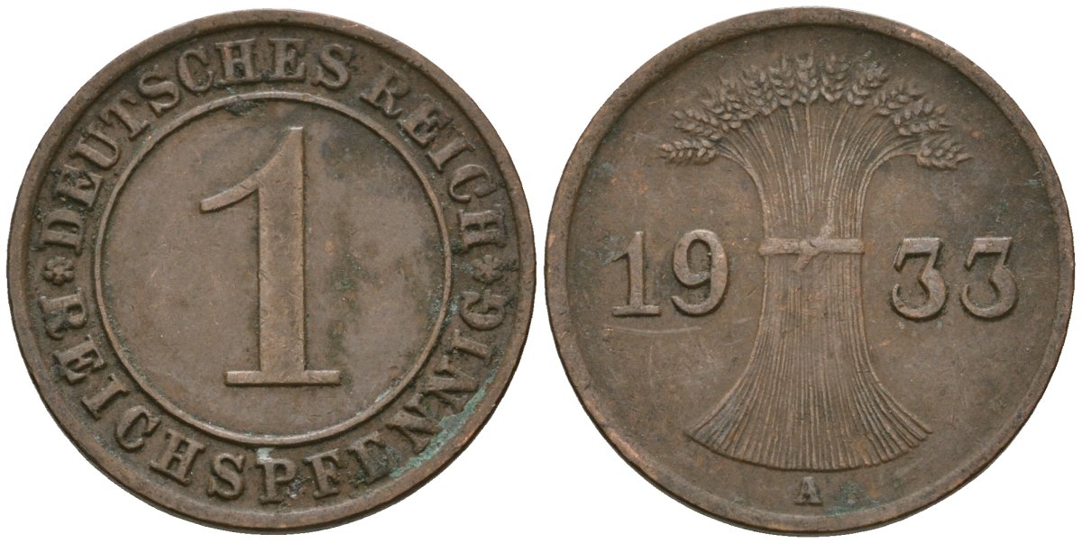 Германия 1 рейхспфенниг 1933 A KM 37, J. 313 бронза 4189-1163