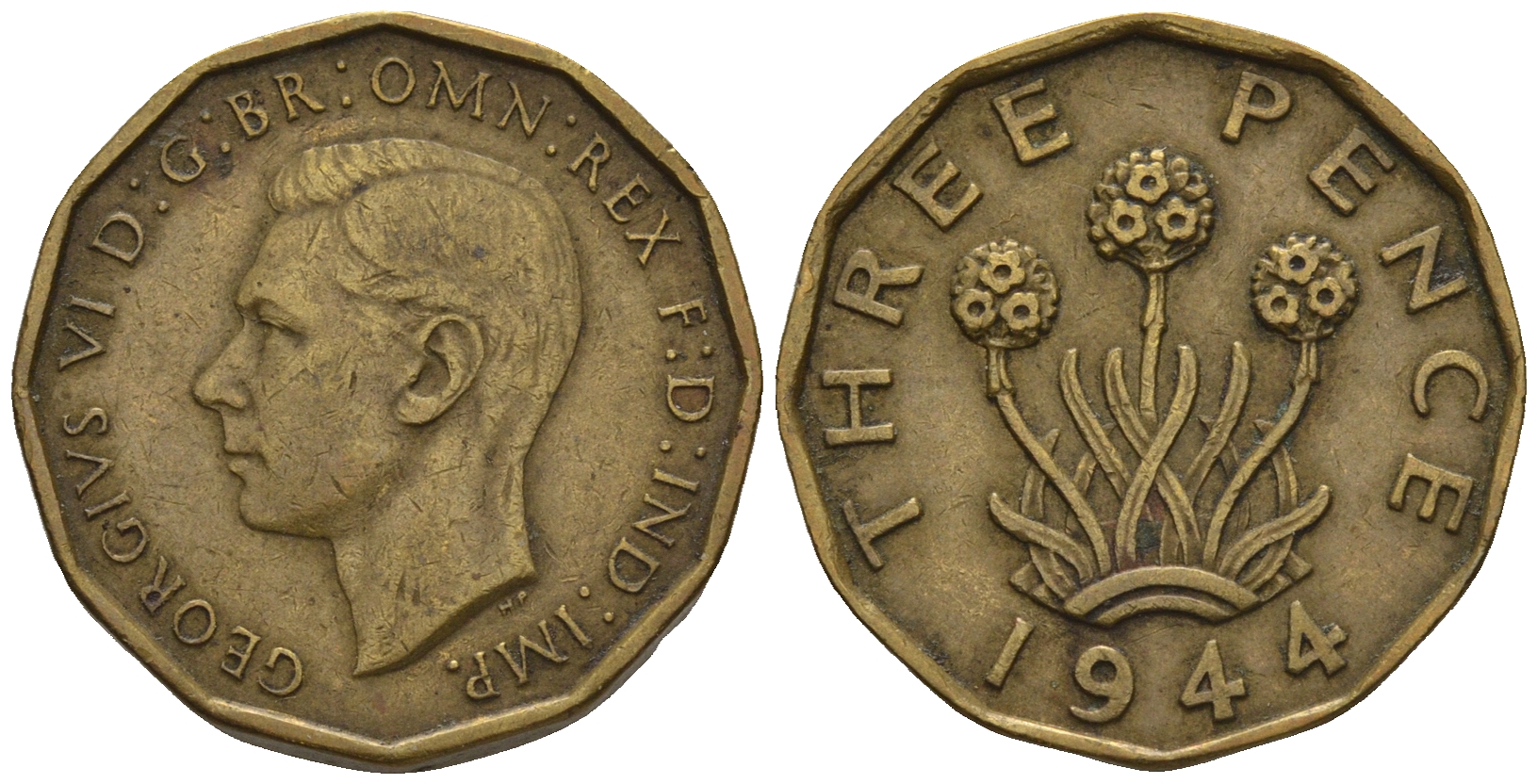 Великобритания 3 пенса 1944 Георг VI (1936-1952) KM 849, Spink 4112 никель латунь 4610-1056